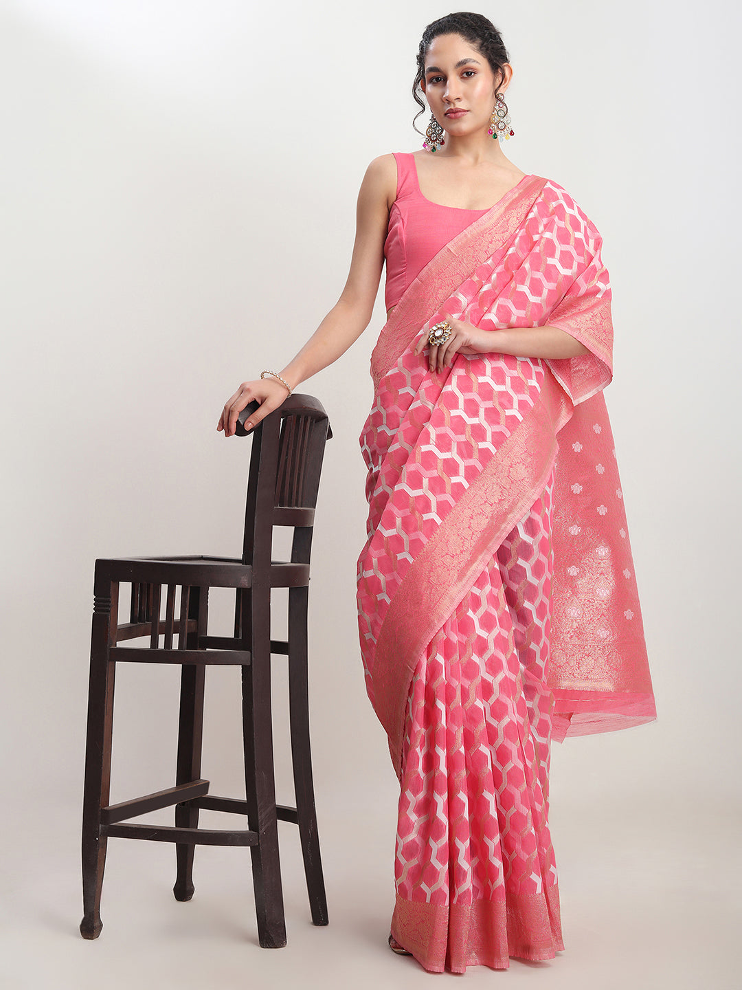 Janasya Peach Linen Blend Geometric Jacquard Saree