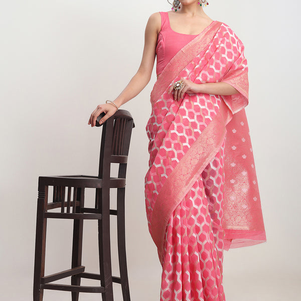 Janasya Peach Linen Blend Geometric Jacquard Saree