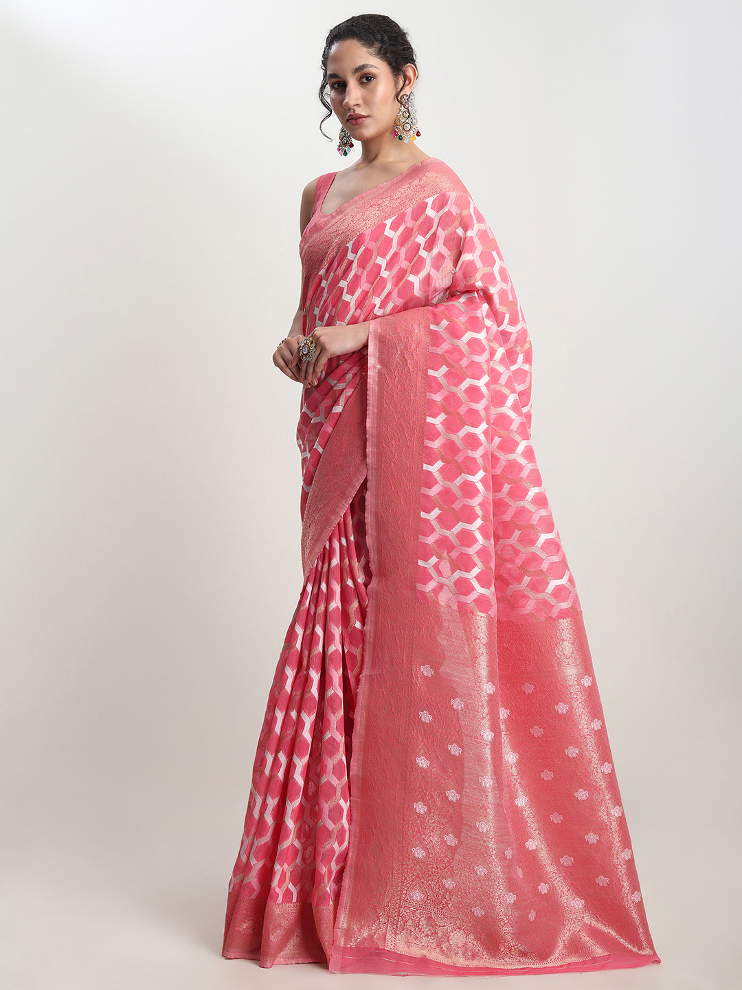 Janasya Peach Linen Blend Geometric Jacquard Saree
