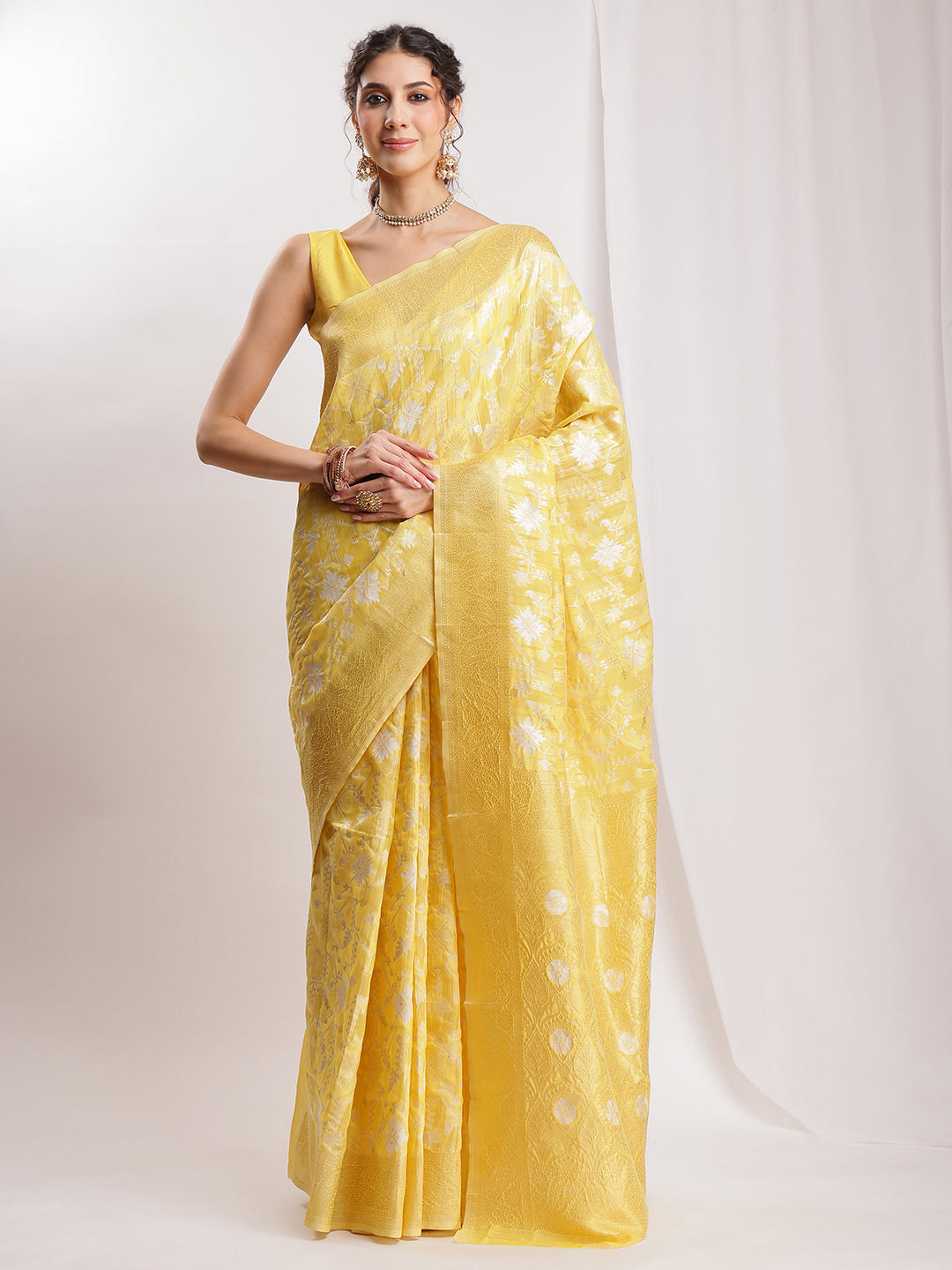 Janasya Yellow Linen Blend Geometric Jacquard Saree