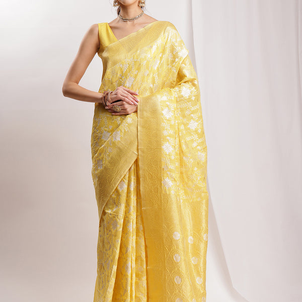 Janasya Yellow Linen Blend Geometric Jacquard Saree