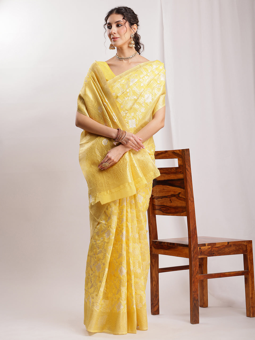 Janasya Yellow Linen Blend Geometric Jacquard Saree