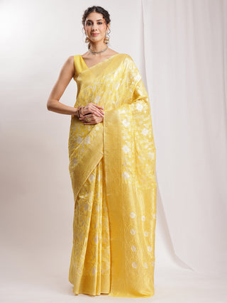 Janasya Yellow Linen Blend Geometric Jacquard Saree