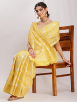 Thumbnail for Janasya Yellow Linen Blend Geometric Jacquard Saree