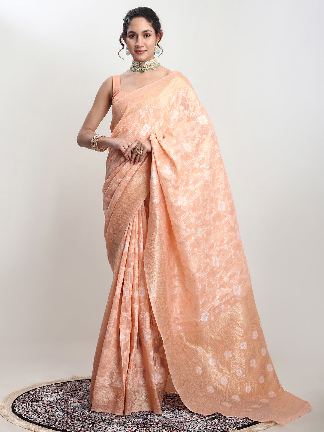 Janasya Orange Linen Blend Geometric Jacquard Saree