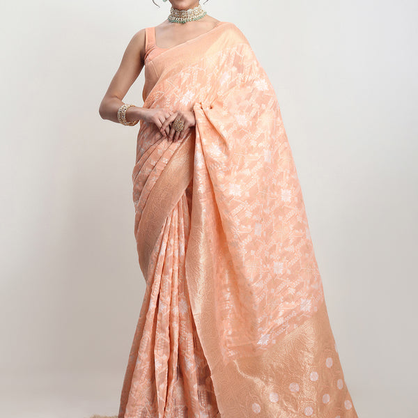 Janasya Orange Linen Blend Geometric Jacquard Saree