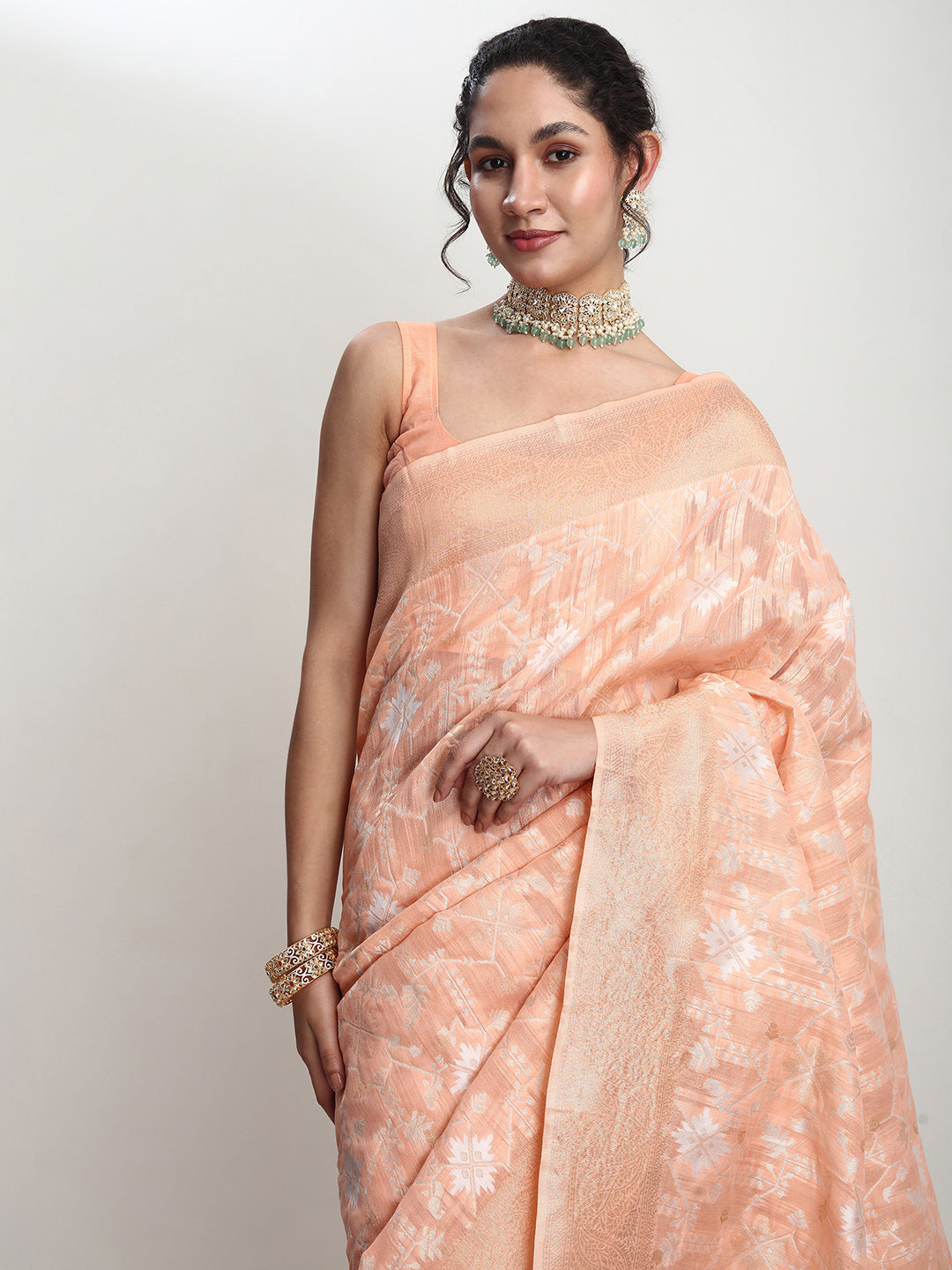 Janasya Orange Linen Blend Geometric Jacquard Saree