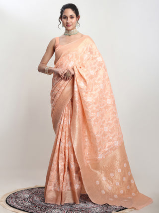Janasya Orange Linen Blend Geometric Jacquard Saree