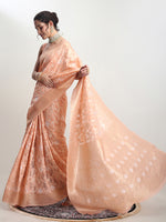 Thumbnail for Janasya Orange Linen Blend Geometric Jacquard Saree