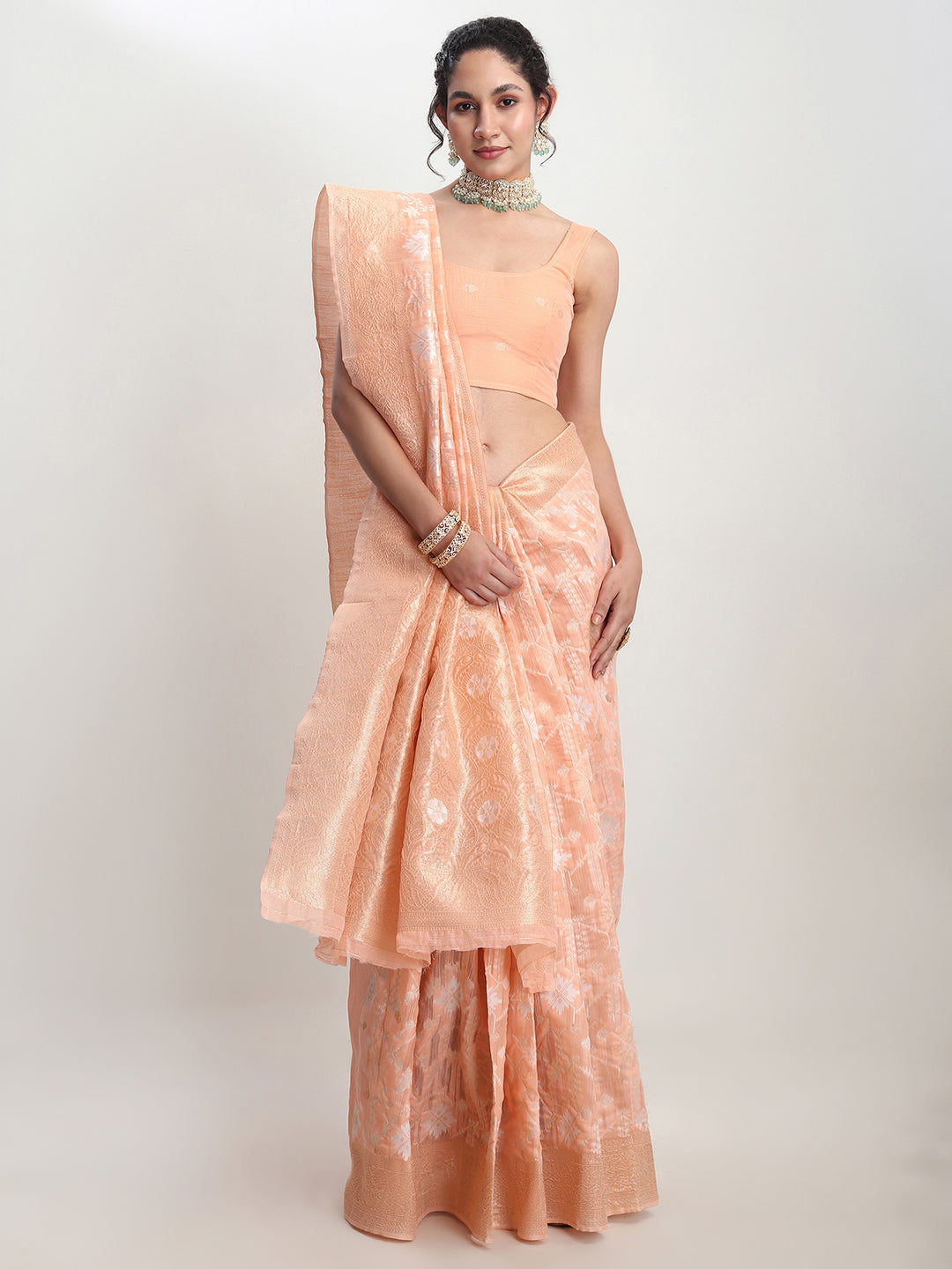 Janasya Orange Linen Blend Geometric Jacquard Saree