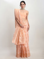 Thumbnail for Janasya Orange Linen Blend Geometric Jacquard Saree