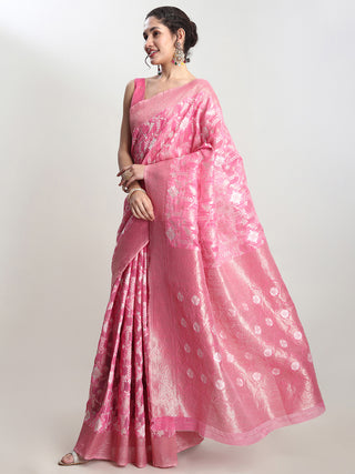 Janasya Pink Linen Blend Geometric Jacquard Saree