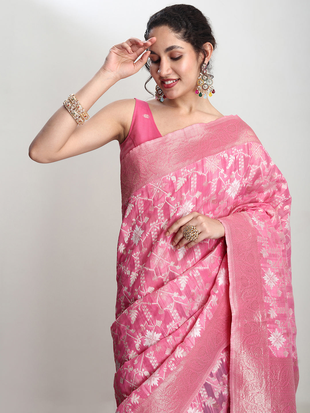 Janasya Pink Linen Blend Geometric Jacquard Saree
