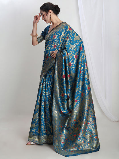 Janasya Blue Silk Blend Floral Jacquard Saree - Distacart