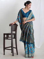 Thumbnail for Janasya Blue Silk Blend Floral Jacquard Saree