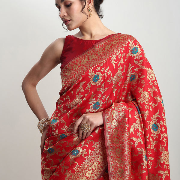 Janasya Red Silk Blend Floral Jacquard Saree