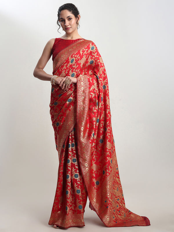 Janasya Red Silk Blend Floral Jacquard Saree