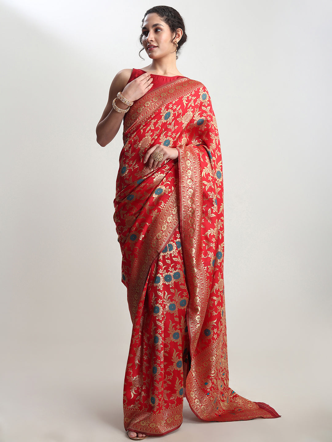 Janasya Red Silk Blend Floral Jacquard Saree