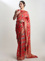 Thumbnail for Janasya Red Silk Blend Floral Jacquard Saree
