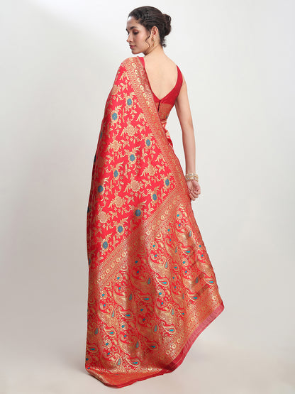 Janasya Red Silk Blend Floral Jacquard Saree - Distacart