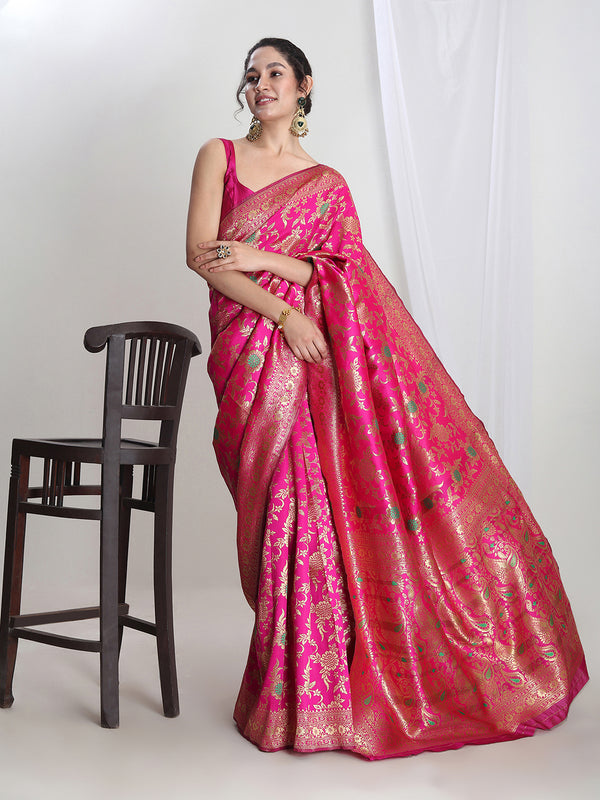 Janasya Pink Silk Blend Floral Jacquard Saree