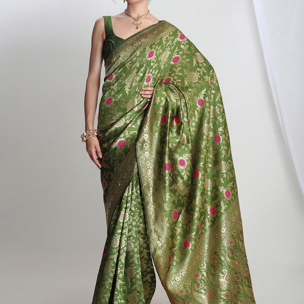Janasya Green Silk Blend Floral Jacquard Saree