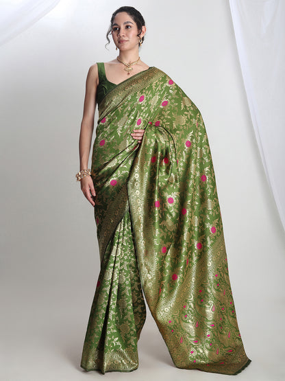 Janasya Green Silk Blend Floral Jacquard Saree - Distacart