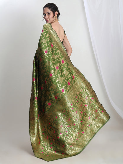 Janasya Green Silk Blend Floral Jacquard Saree - Distacart