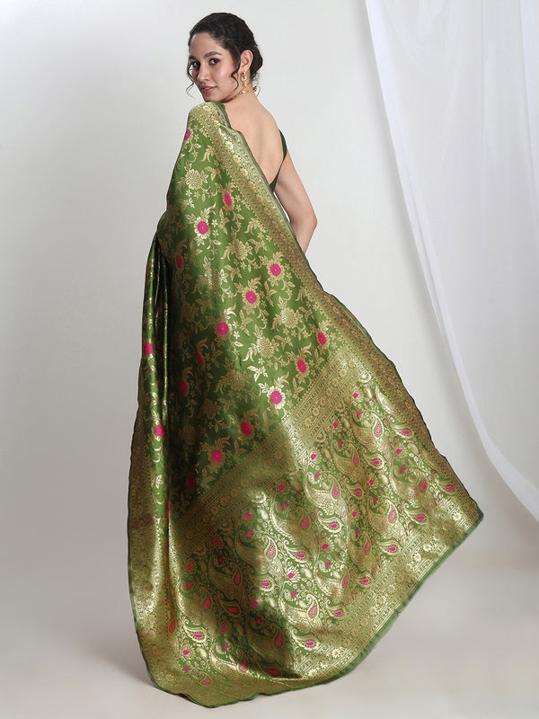 Janasya Green Silk Blend Floral Jacquard Saree