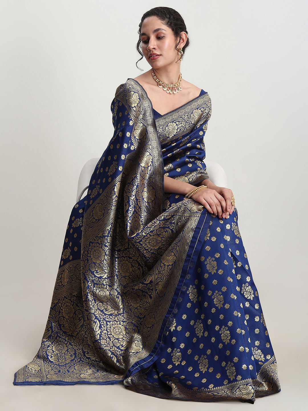 Janasya Blue Silk Blend Floral Jacquard Saree