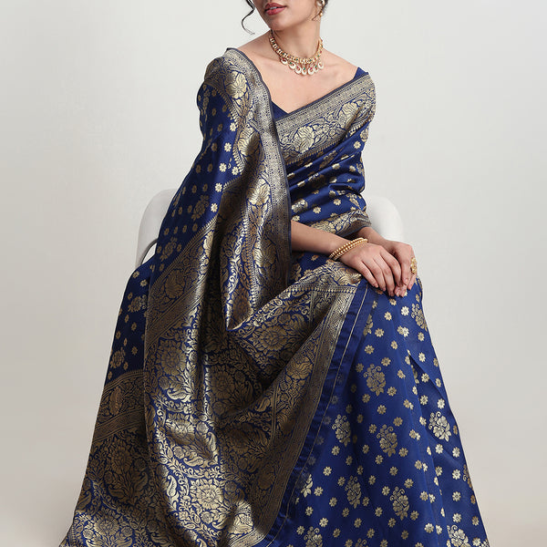 Janasya Blue Silk Blend Floral Jacquard Saree