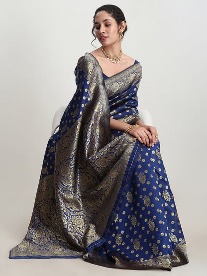 Janasya Blue Silk Blend Floral Jacquard Saree - Distacart