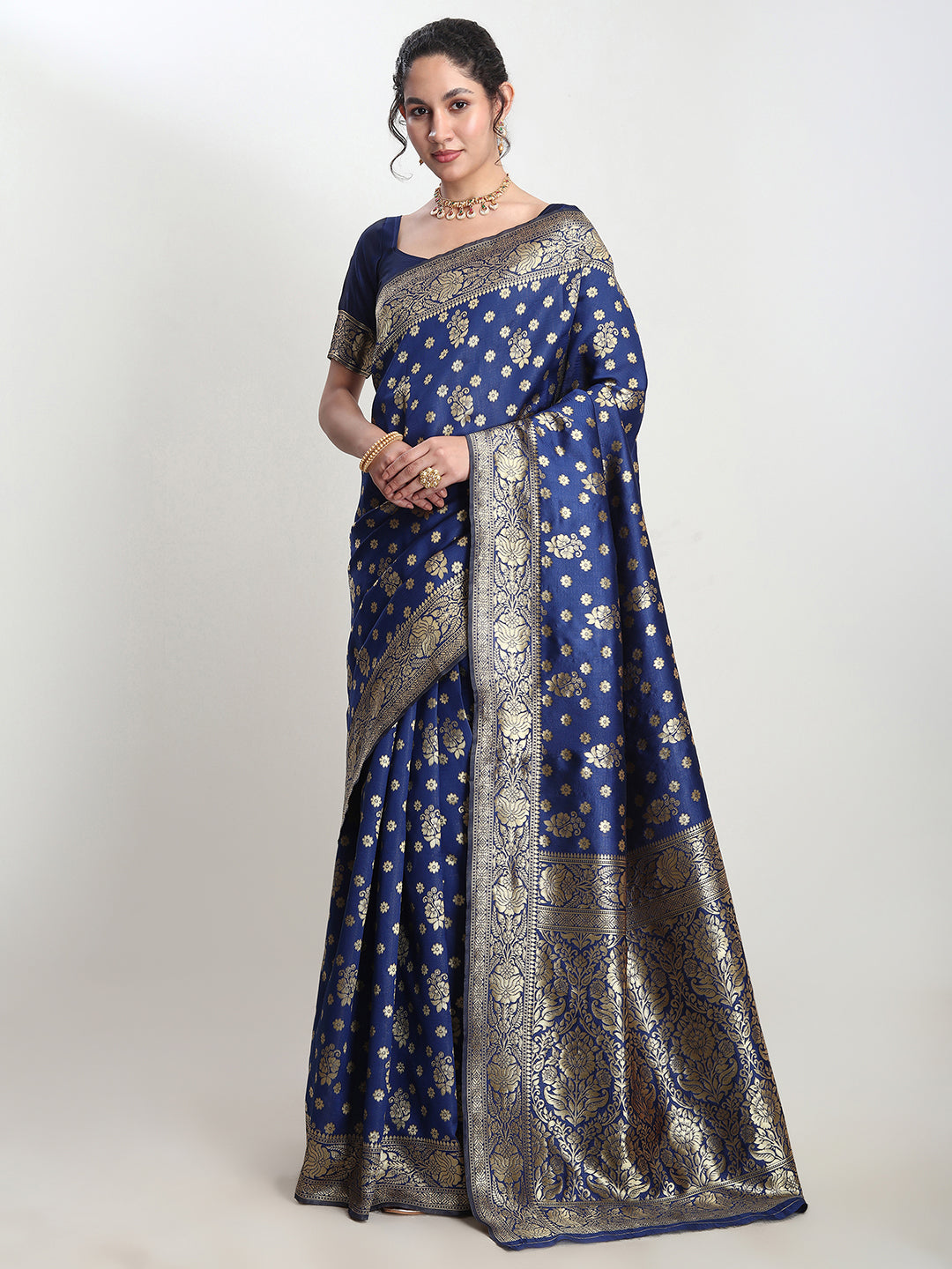 Janasya Blue Silk Blend Floral Jacquard Saree - Distacart