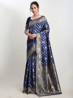 Thumbnail for Janasya Blue Silk Blend Floral Jacquard Saree