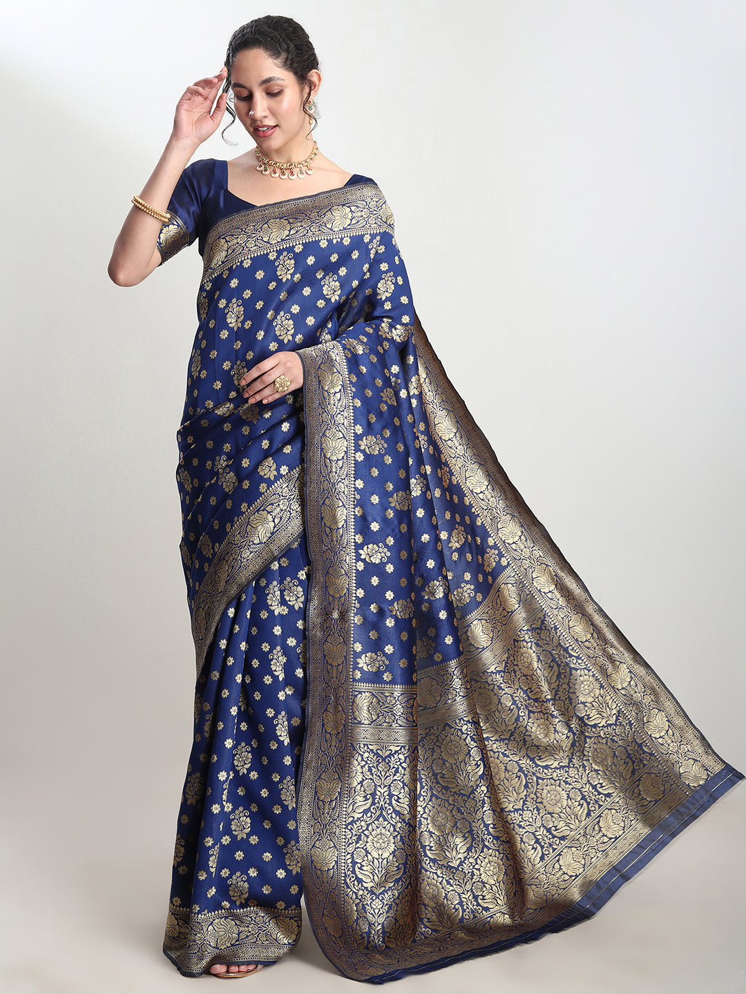 Janasya Blue Silk Blend Floral Jacquard Saree - Distacart