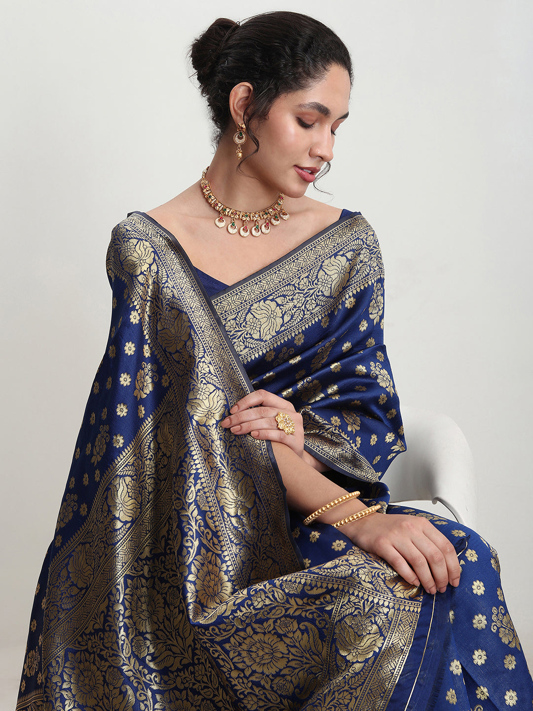 Janasya Blue Silk Blend Floral Jacquard Saree