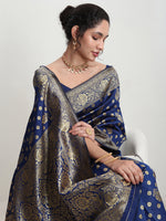 Thumbnail for Janasya Blue Silk Blend Floral Jacquard Saree