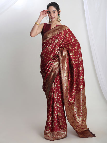 Janasya Maroon Silk Blend Floral Jacquard Saree - Distacart