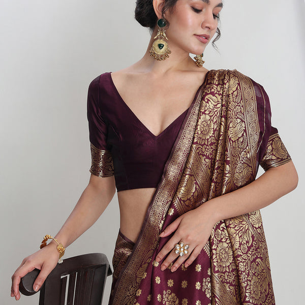 Janasya Purple Silk Blend Floral Jacquard Saree