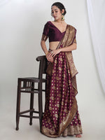 Thumbnail for Janasya Purple Silk Blend Floral Jacquard Saree