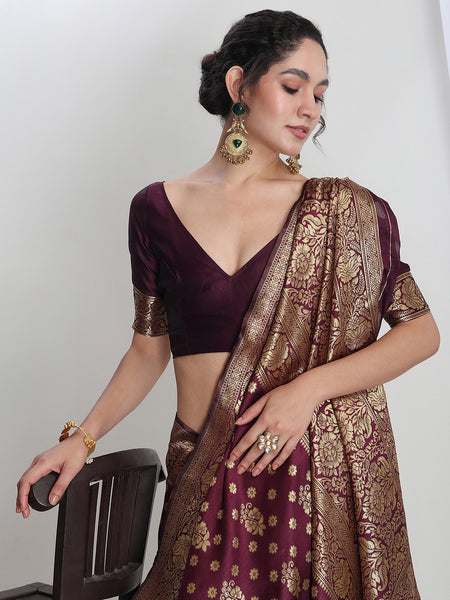 Janasya Purple Silk Blend Floral Jacquard Saree