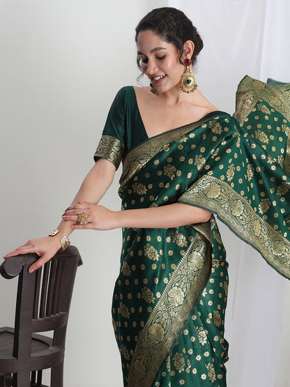 Janasya Green Silk Blend Floral Jacquard Saree - Distacart