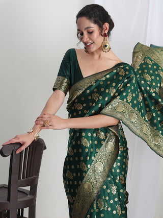 Janasya Green Silk Blend Floral Jacquard Saree