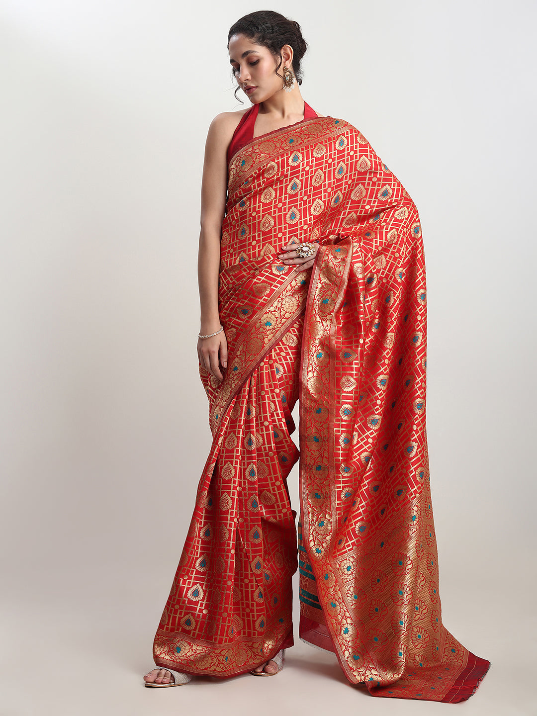 Janasya Red Silk Blend Ethnic Motifs Jacquard Saree