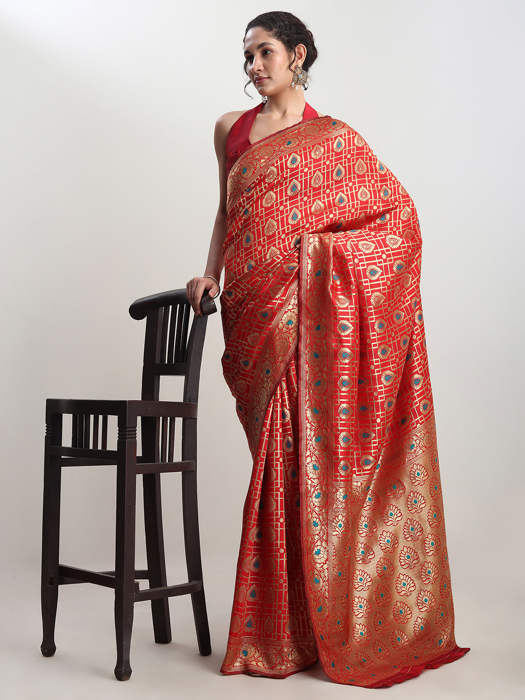 Janasya Red Silk Blend Ethnic Motifs Jacquard Saree