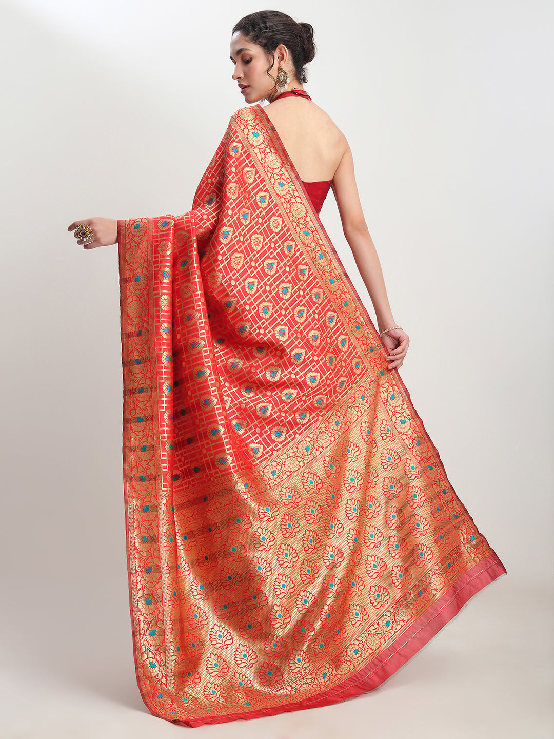 Janasya Red Silk Blend Ethnic Motifs Jacquard Saree