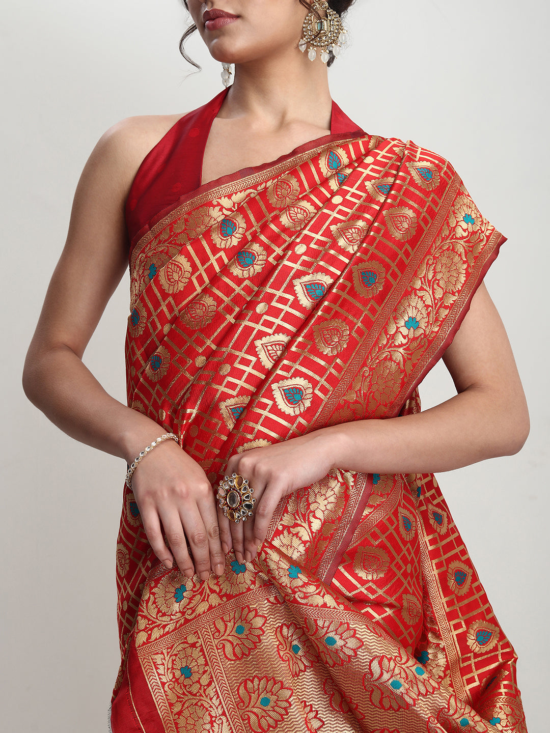 Janasya Red Silk Blend Ethnic Motifs Jacquard Saree