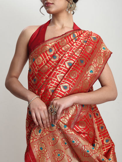 Janasya Red Silk Blend Ethnic Motifs Jacquard Saree - Distacart
