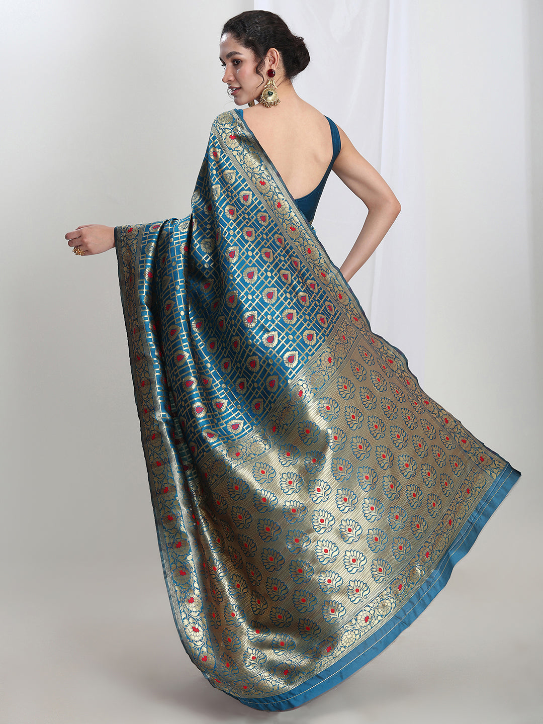 Janasya Teal Blue Silk Blend Ethnic Motifs Jacquard Saree
