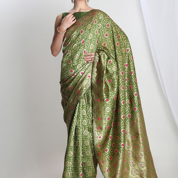 Janasya Green Silk Blend Ethnic Motifs Jacquard Saree